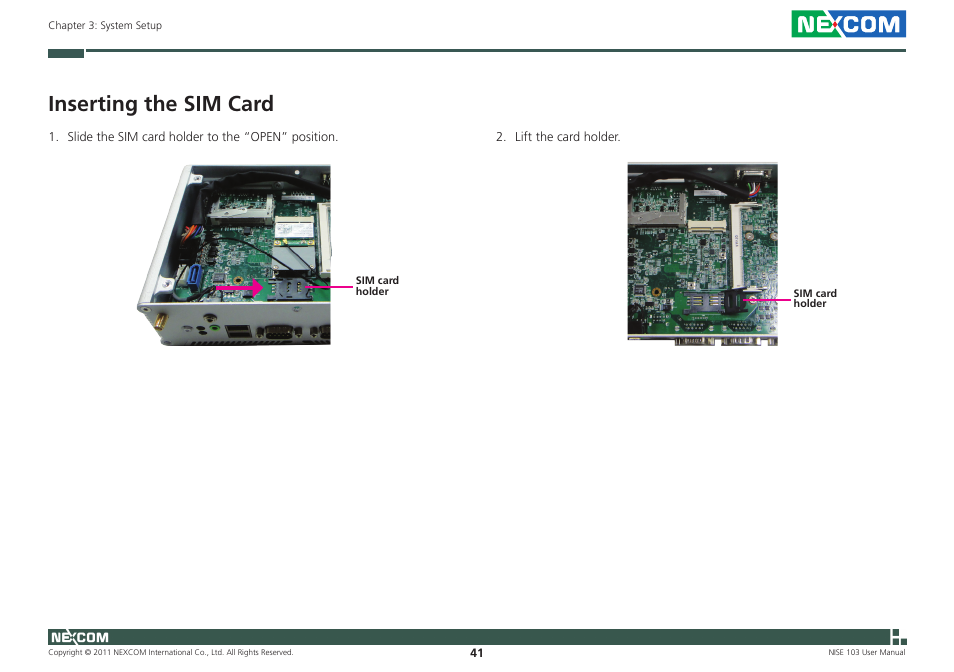 Inserting the sim card | NEXCOM NISE 103 User Manual | Page 54 / 83
