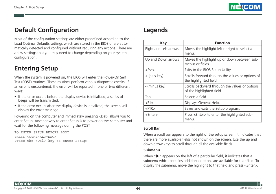 Default configuration, Entering setup, Legends | NEXCOM NISE 103 User Manual | Page 57 / 83