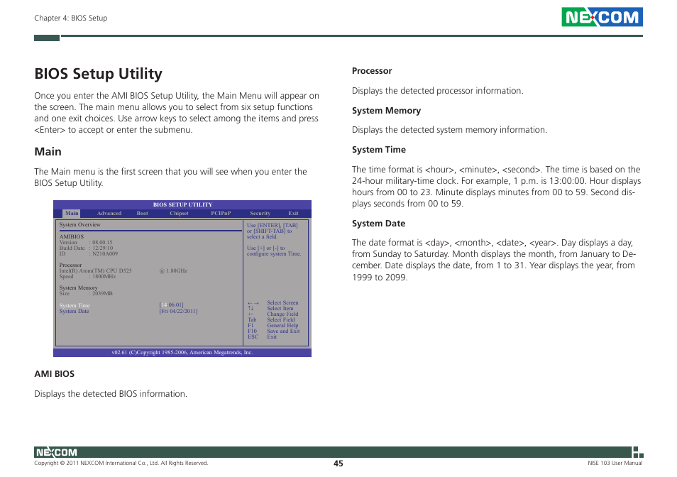 Bios setup utility, Main | NEXCOM NISE 103 User Manual | Page 58 / 83