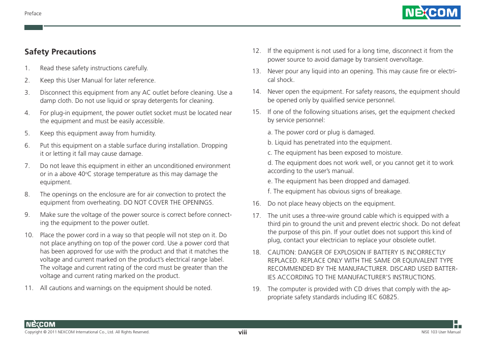 Safety precautions | NEXCOM NISE 103 User Manual | Page 8 / 83