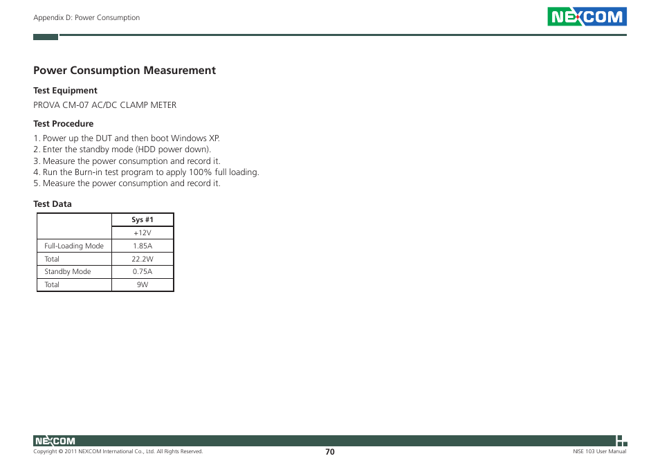Power consumption measurement | NEXCOM NISE 103 User Manual | Page 83 / 83