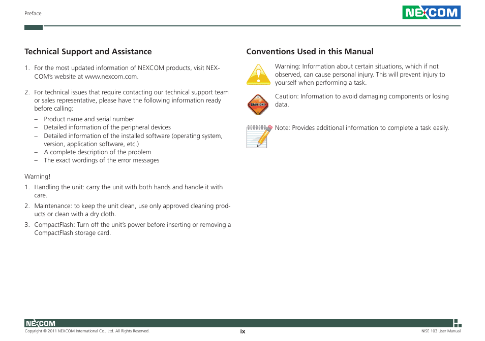 Conventions used in this manual, Technical support and assistance | NEXCOM NISE 103 User Manual | Page 9 / 83