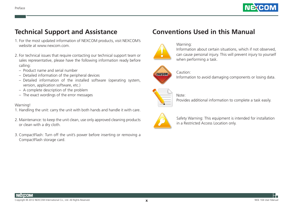 Technical support and assistance, Conventions used in this manual | NEXCOM NISE 104 User Manual | Page 10 / 78