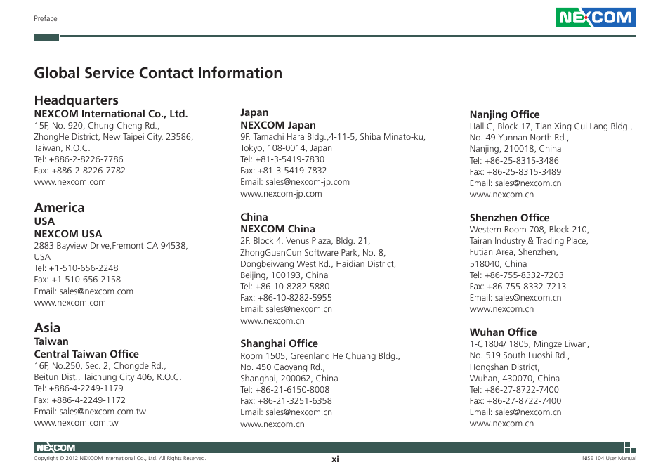 Global service contact information, Headquarters, America | Asia | NEXCOM NISE 104 User Manual | Page 11 / 78