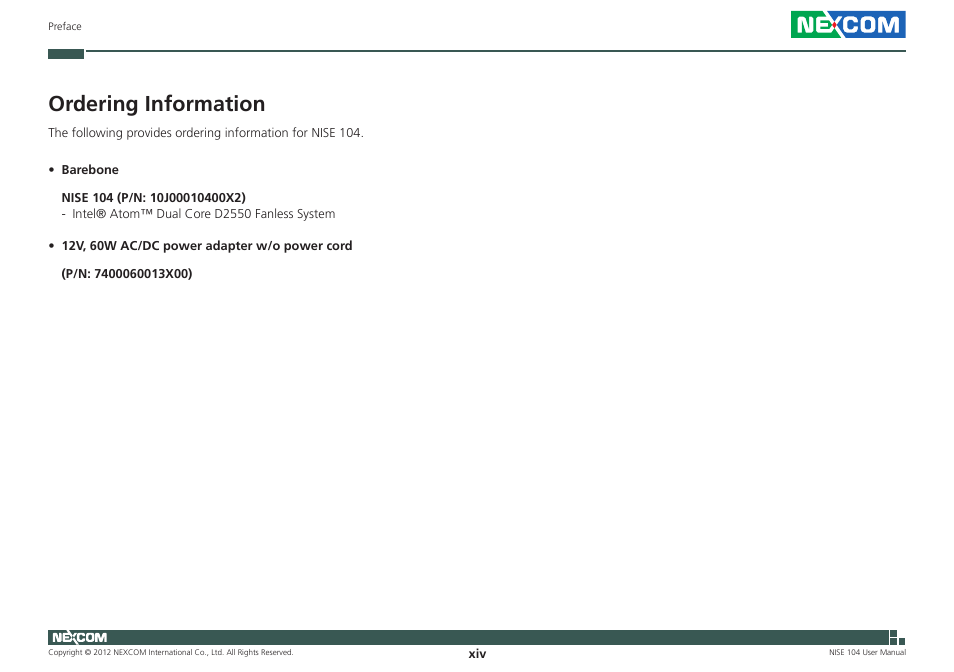 Ordering information | NEXCOM NISE 104 User Manual | Page 14 / 78