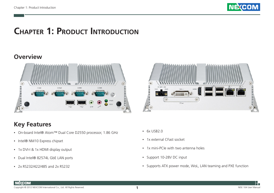 Hapter, Roduct, Ntroduction | Key features, Overview | NEXCOM NISE 104 User Manual | Page 15 / 78