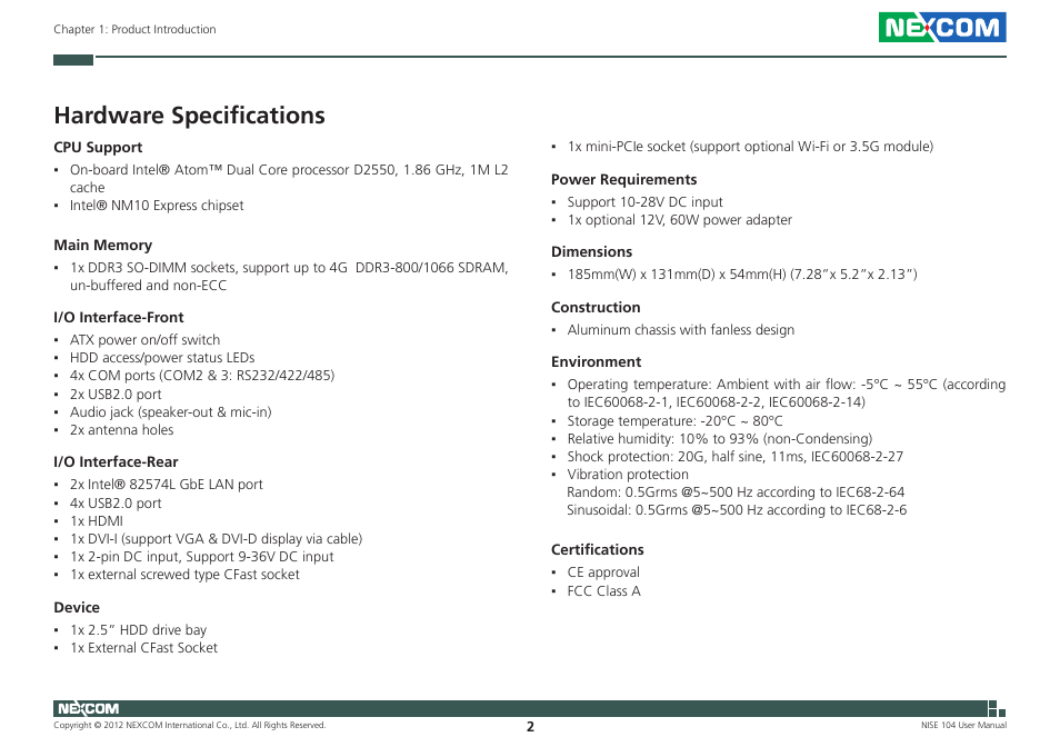 Hardware specifications | NEXCOM NISE 104 User Manual | Page 16 / 78