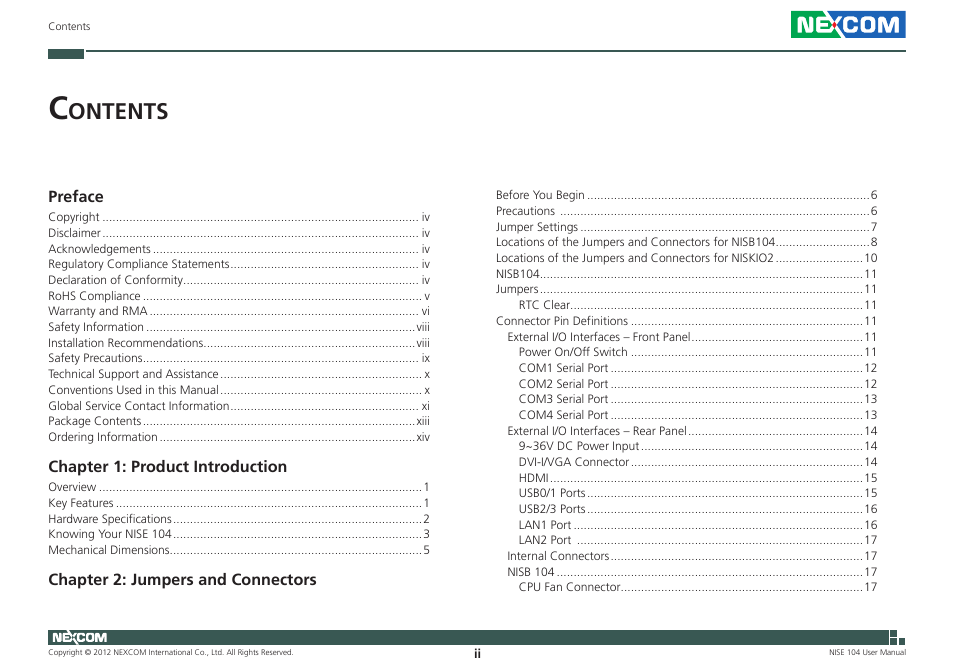 Ontents | NEXCOM NISE 104 User Manual | Page 2 / 78