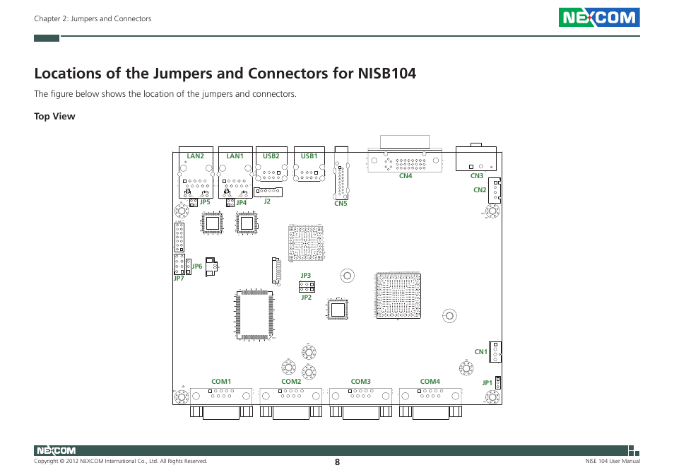 Top view, Chapter 2: jumpers and connectors, Lan2 | Lan1, Cn4 cn5, Usb1, Usb2, Com2, Com4, Com1 | NEXCOM NISE 104 User Manual | Page 22 / 78