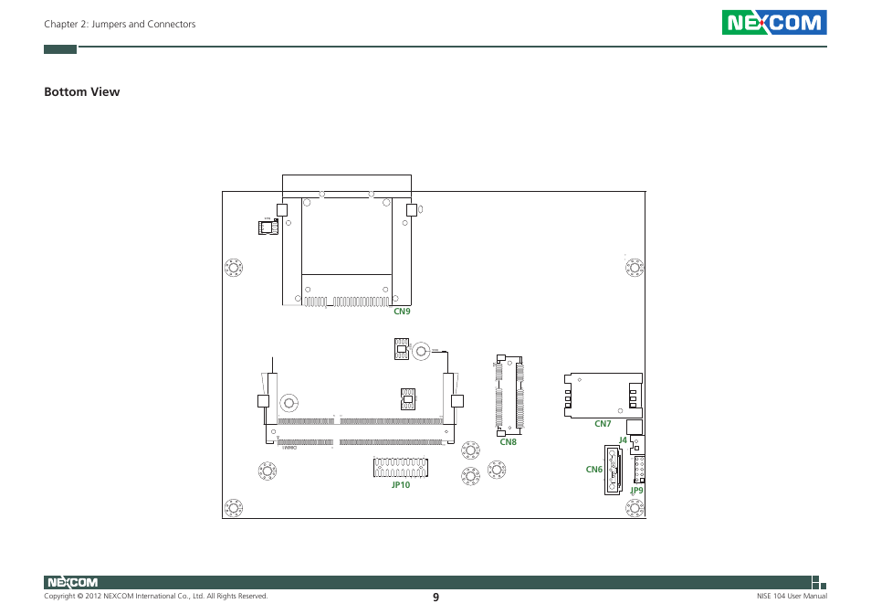 Bottom view, Chapter 2: jumpers and connectors, Cn6 cn9 | Jp10, Nise 104 user manual | NEXCOM NISE 104 User Manual | Page 23 / 78