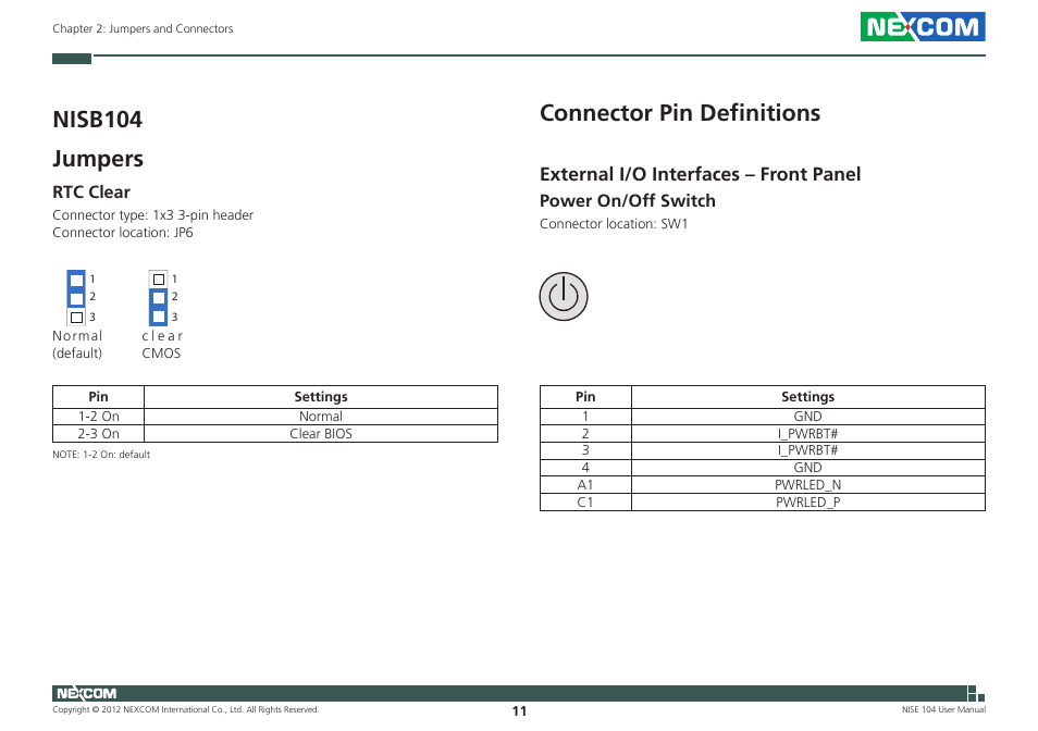 Nisb104 jumpers, Connector pin definitions, External i/o interfaces – front panel | Rtc clear, Power on/off switch | NEXCOM NISE 104 User Manual | Page 25 / 78