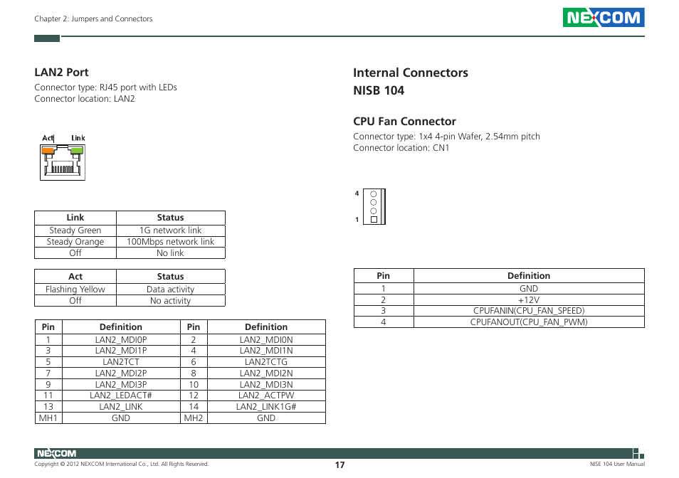 Internal connectors nisb 104, Lan2 port, Cpu fan connector | NEXCOM NISE 104 User Manual | Page 31 / 78