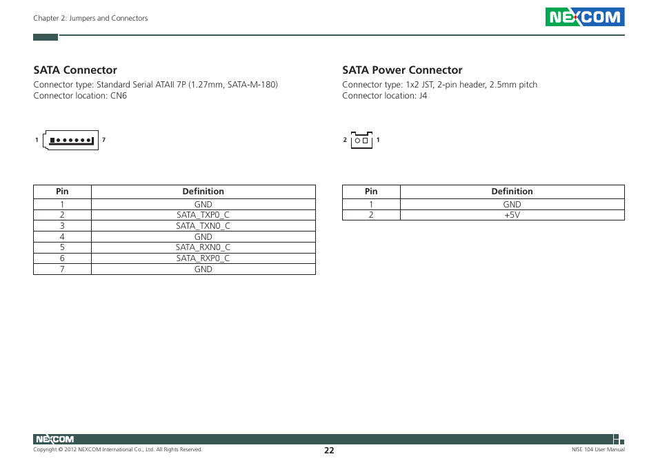 Sata connector, Sata power connector | NEXCOM NISE 104 User Manual | Page 36 / 78