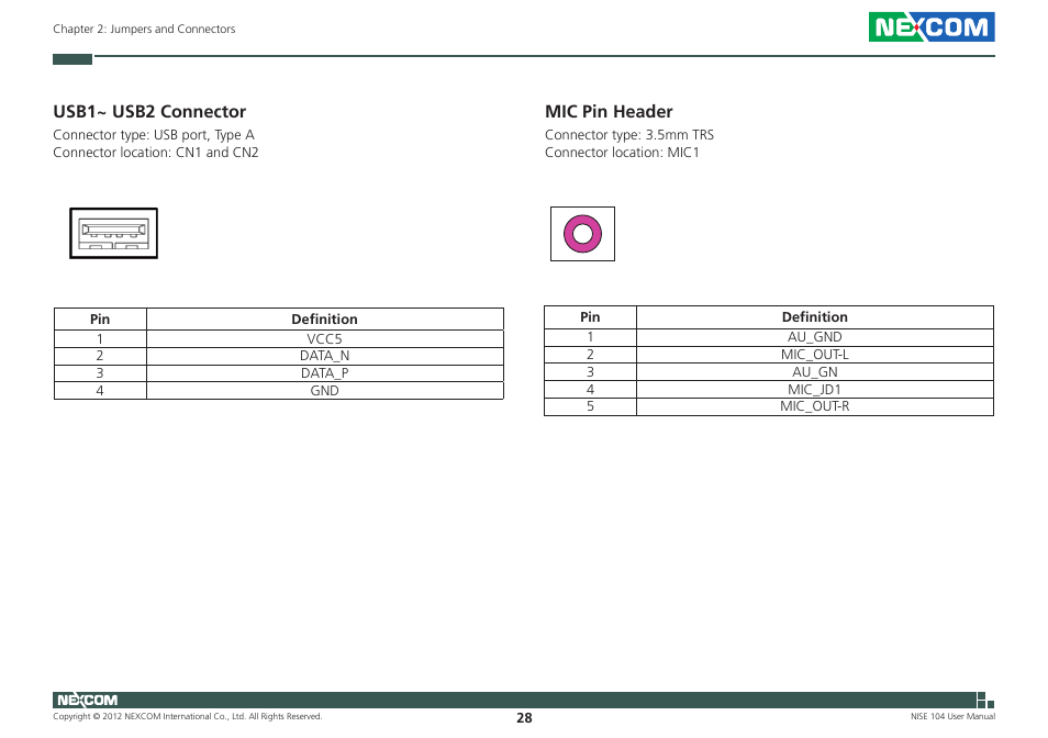 Mic pin header, Usb1~ usb2 connector | NEXCOM NISE 104 User Manual | Page 42 / 78