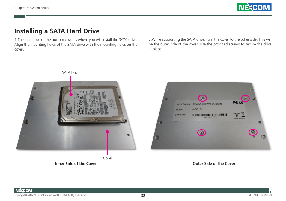 Installing a sata hard drive | NEXCOM NISE 104 User Manual | Page 46 / 78