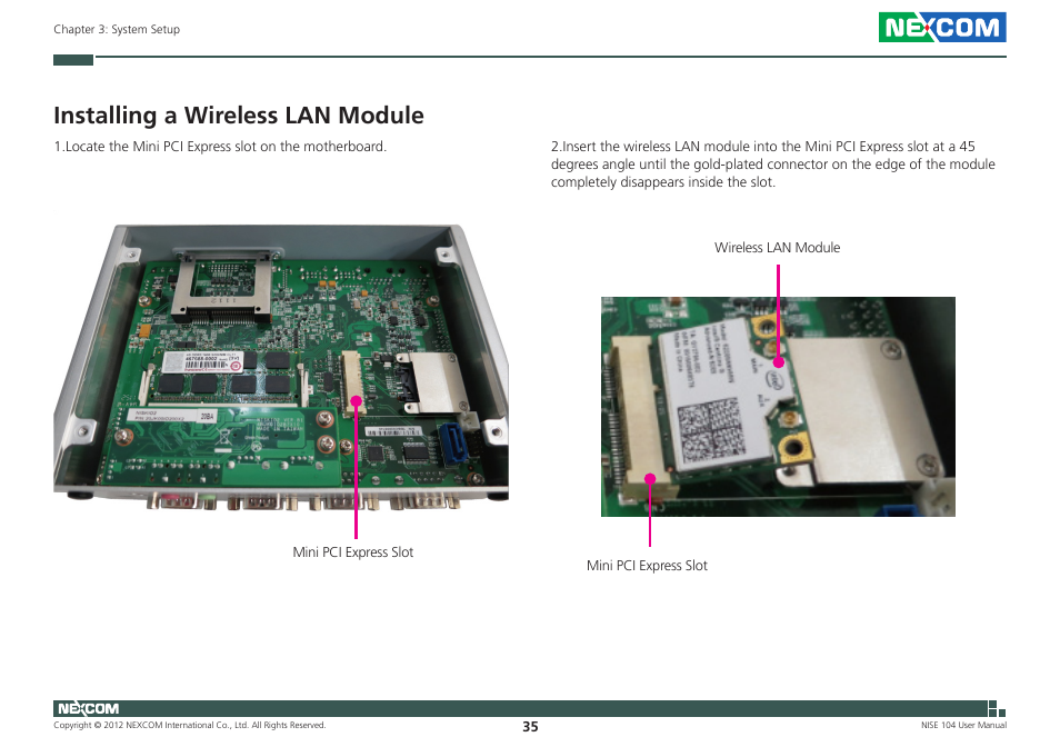 Installing a wireless lan module | NEXCOM NISE 104 User Manual | Page 49 / 78