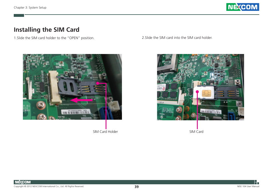 Installing the sim card | NEXCOM NISE 104 User Manual | Page 53 / 78