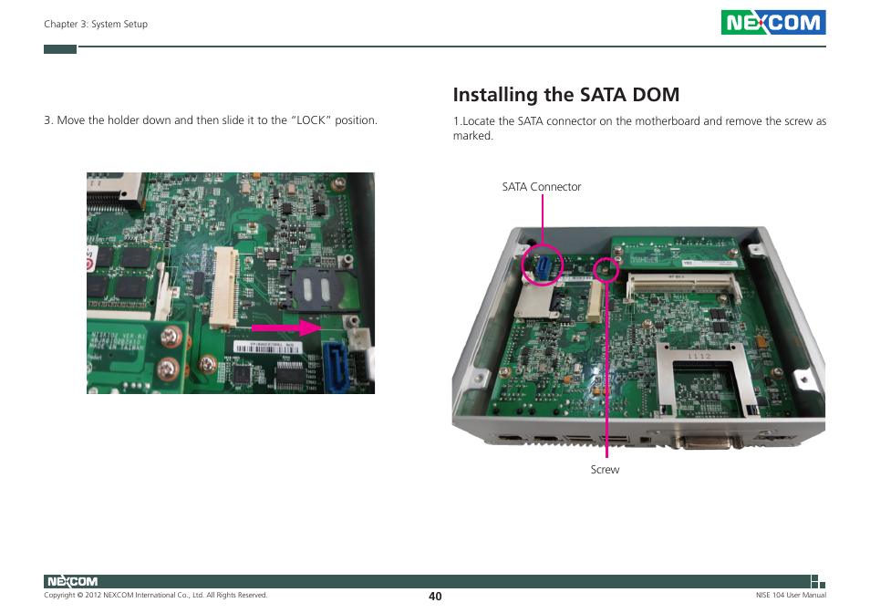 Installing the sata dom | NEXCOM NISE 104 User Manual | Page 54 / 78