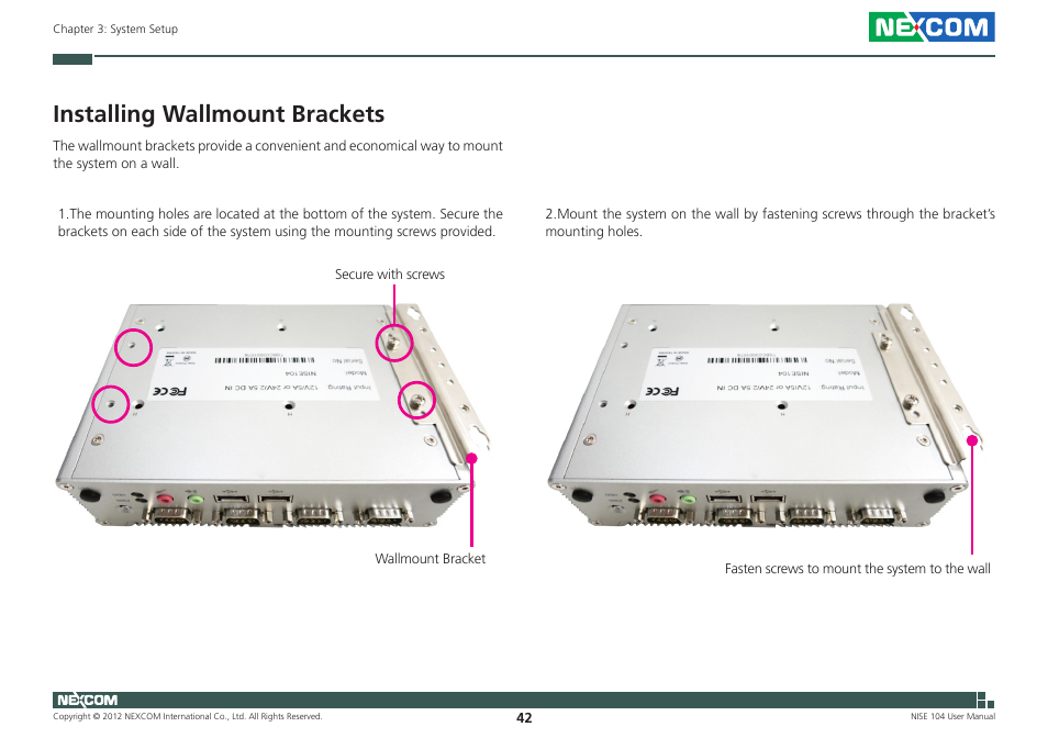 Installing wallmount brackets | NEXCOM NISE 104 User Manual | Page 56 / 78