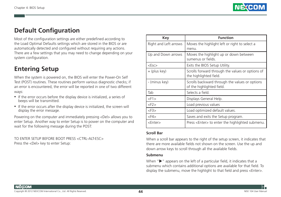 Default configuration, Entering setup | NEXCOM NISE 104 User Manual | Page 58 / 78