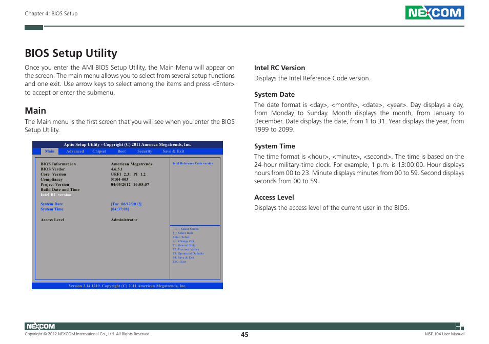 Bios setup utility, Main, Intel rc version | System date, System time, Access level | NEXCOM NISE 104 User Manual | Page 59 / 78