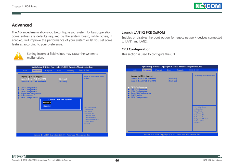 Advanced, Launch lan1/2 pxe oprom, Cpu configuration | NEXCOM NISE 104 User Manual | Page 60 / 78