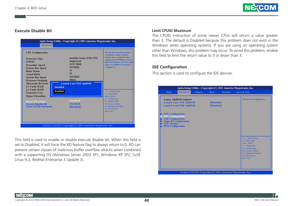 Execute disable bit ide configuration | NEXCOM NISE 104 User Manual | Page 62 / 78