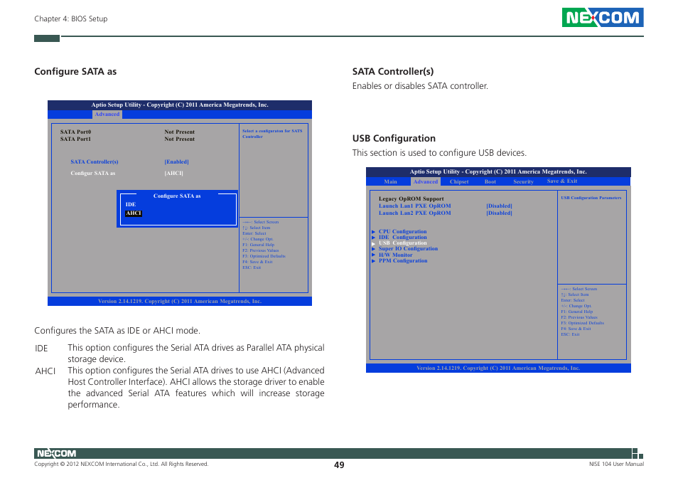 Configure sata as sata controller(s), Usb configuration | NEXCOM NISE 104 User Manual | Page 63 / 78