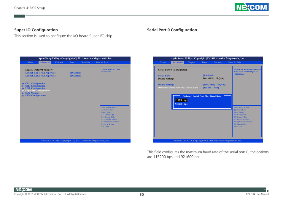 Super io configuration, Serial port 0 configuration | NEXCOM NISE 104 User Manual | Page 64 / 78