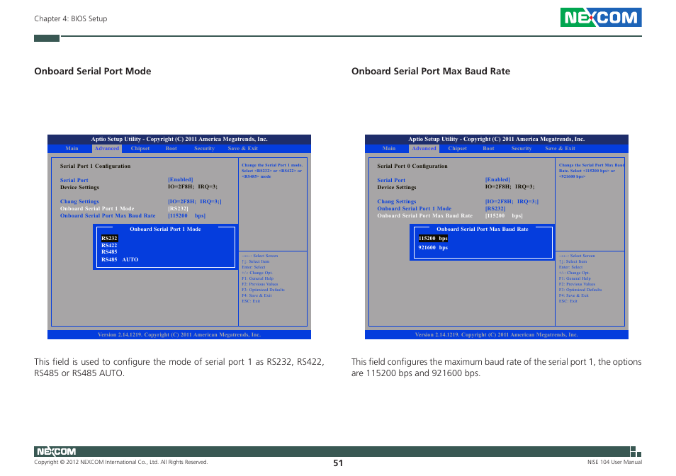 Onboard serial port mode, Onboard serial port max baud rate | NEXCOM NISE 104 User Manual | Page 65 / 78
