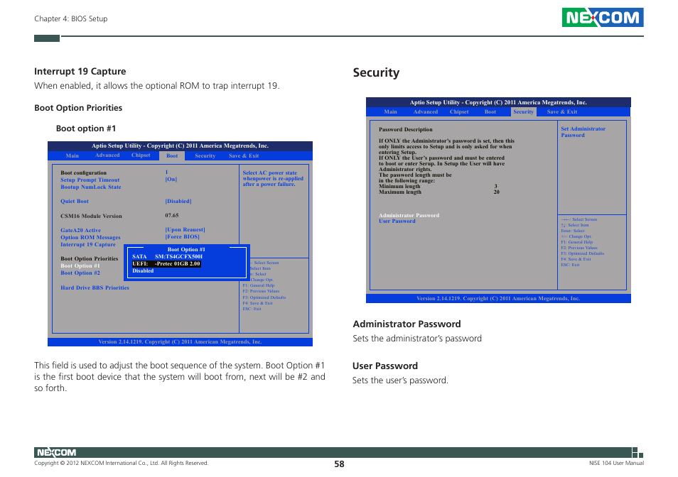 Security, Interrupt 19 capture, User password | Administrator password | NEXCOM NISE 104 User Manual | Page 72 / 78