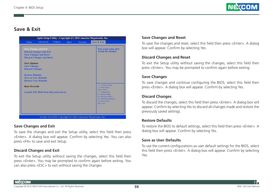 Save & exit | NEXCOM NISE 104 User Manual | Page 73 / 78