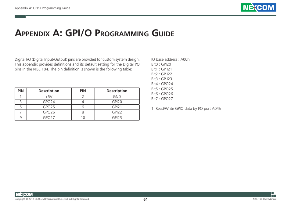 A: gpi/o p, Ppendix, Rogramming | Uide | NEXCOM NISE 104 User Manual | Page 75 / 78