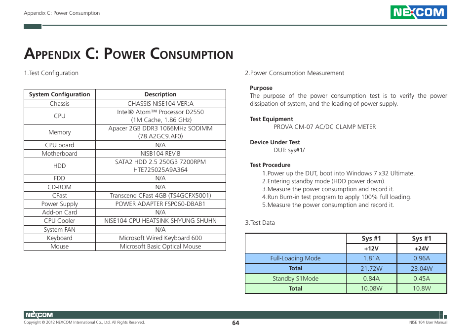 C: p, Ppendix, Ower | Onsumption | NEXCOM NISE 104 User Manual | Page 78 / 78