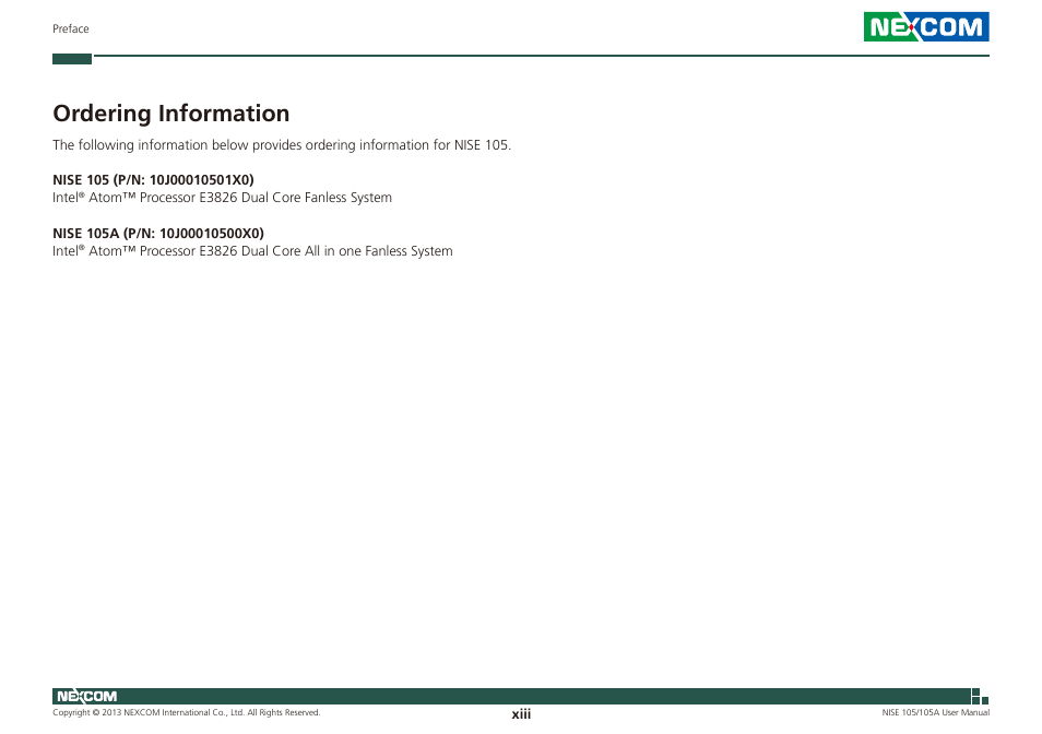 Ordering information | NEXCOM NISE 105 User Manual | Page 13 / 78