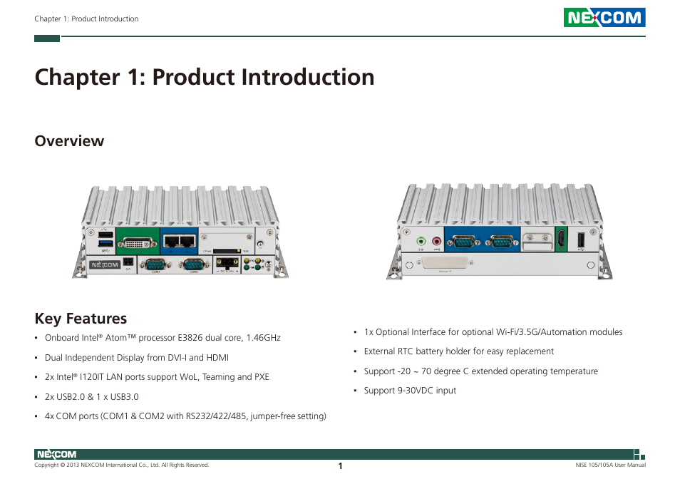 Chapter 1: product introduction, Overview key features, Key features | Overview | NEXCOM NISE 105 User Manual | Page 14 / 78