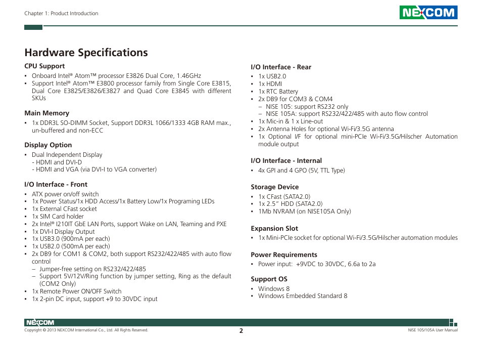 Hardware specifications | NEXCOM NISE 105 User Manual | Page 15 / 78