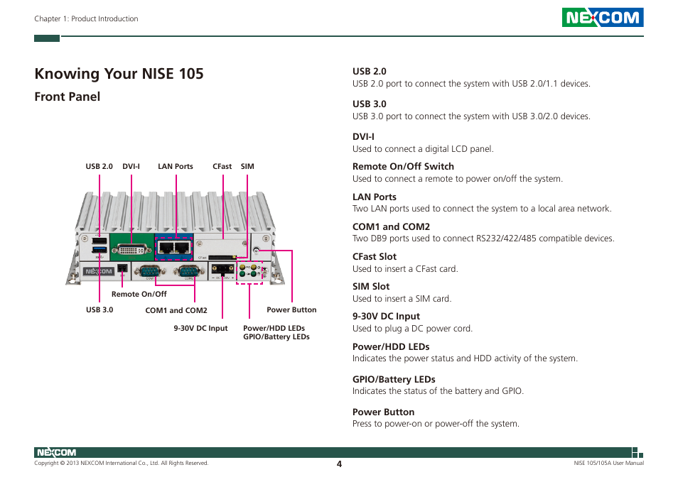 Knowing your nise 105, Front panel | NEXCOM NISE 105 User Manual | Page 17 / 78