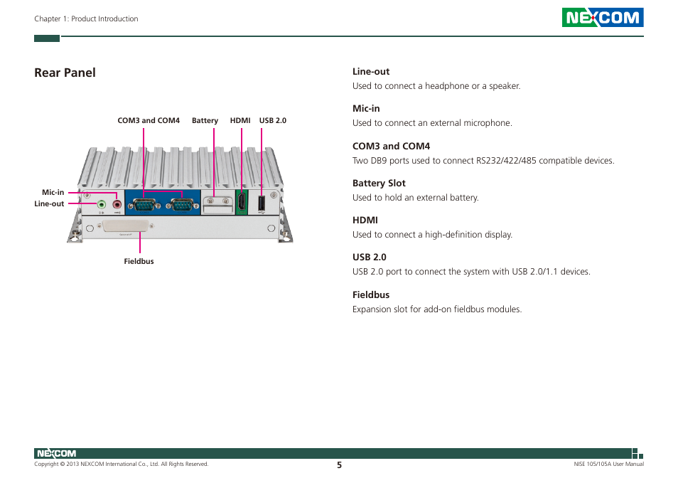 Rear panel | NEXCOM NISE 105 User Manual | Page 18 / 78