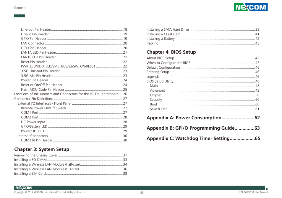 Chapter 3: system setup, Chapter 4: bios setup | NEXCOM NISE 105 User Manual | Page 3 / 78