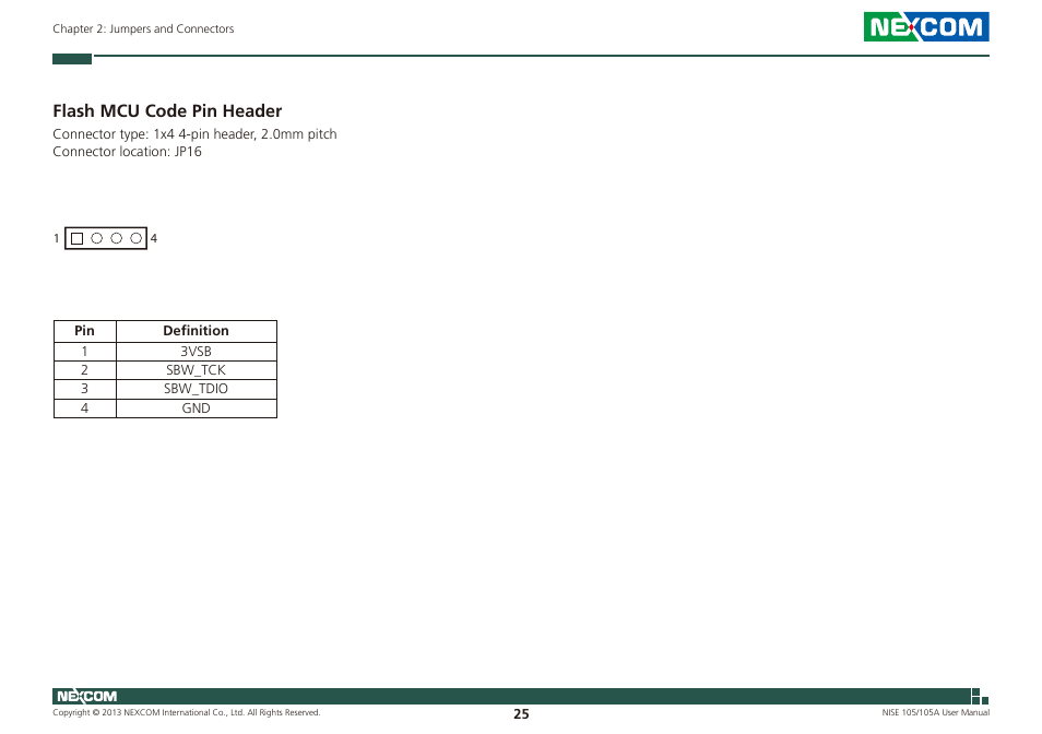 Flash mcu code pin header | NEXCOM NISE 105 User Manual | Page 38 / 78