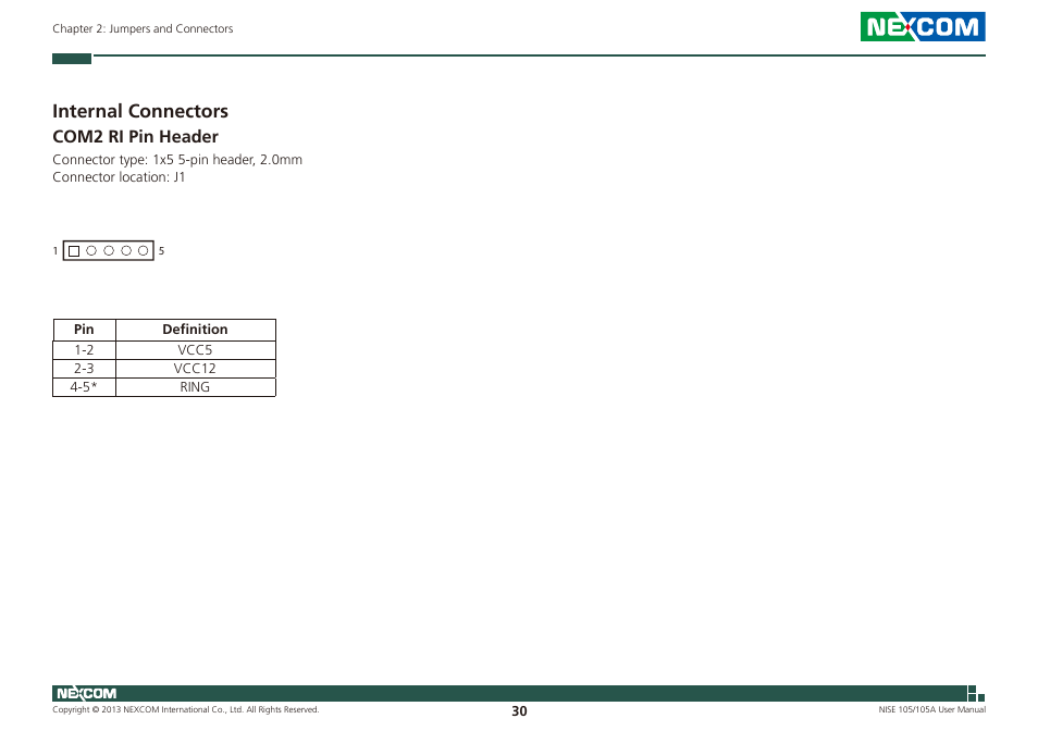 Internal connectors, Com2 ri pin header | NEXCOM NISE 105 User Manual | Page 43 / 78