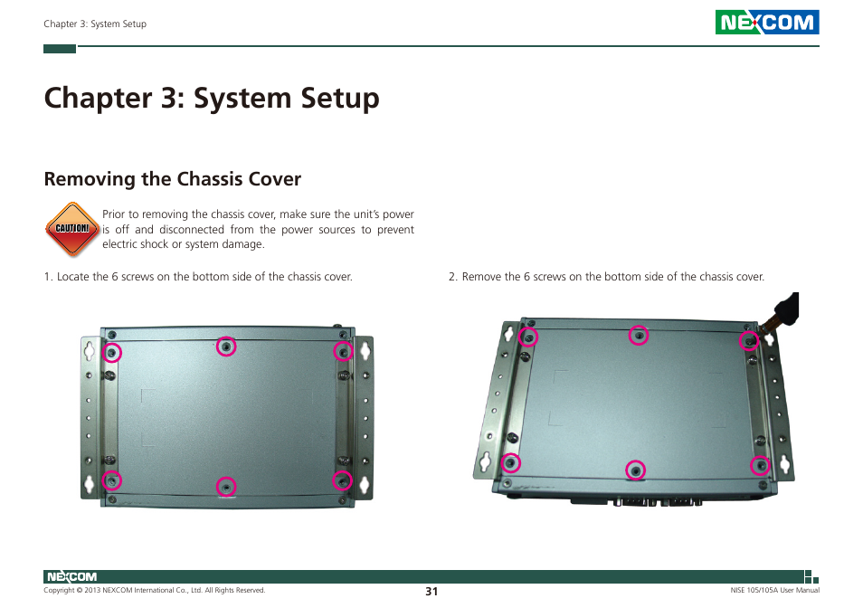 Chapter 3: system setup, Removing the chassis cover | NEXCOM NISE 105 User Manual | Page 44 / 78