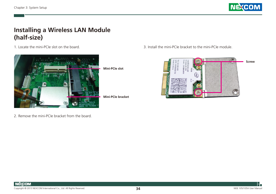 Installing a wireless lan module (half-size) | NEXCOM NISE 105 User Manual | Page 47 / 78
