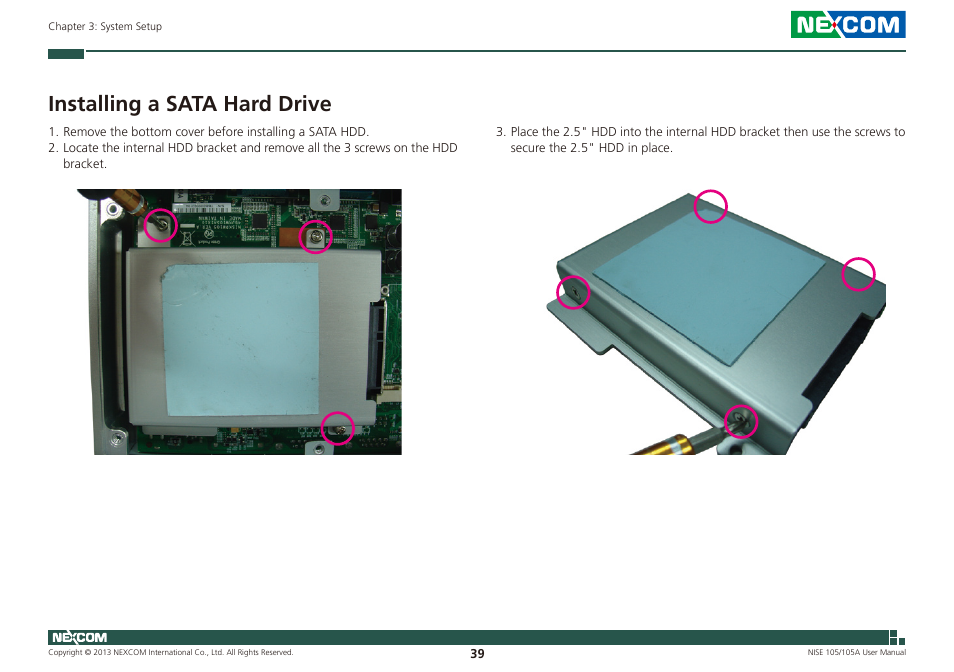 Installing a sata hard drive | NEXCOM NISE 105 User Manual | Page 52 / 78