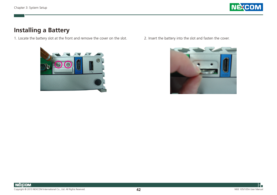 Installing a battery | NEXCOM NISE 105 User Manual | Page 55 / 78