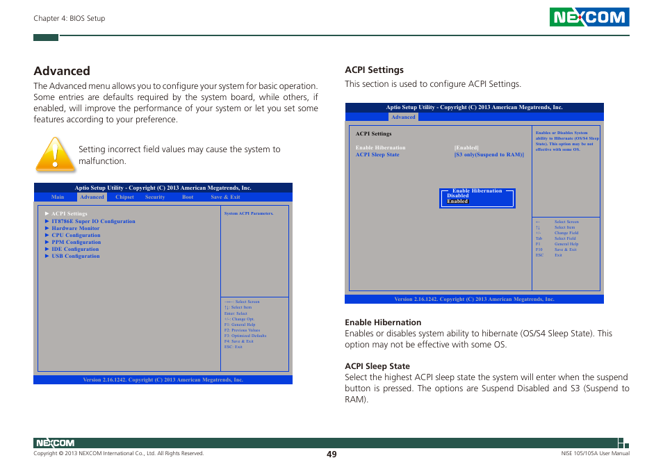Advanced, Acpi settings | NEXCOM NISE 105 User Manual | Page 62 / 78