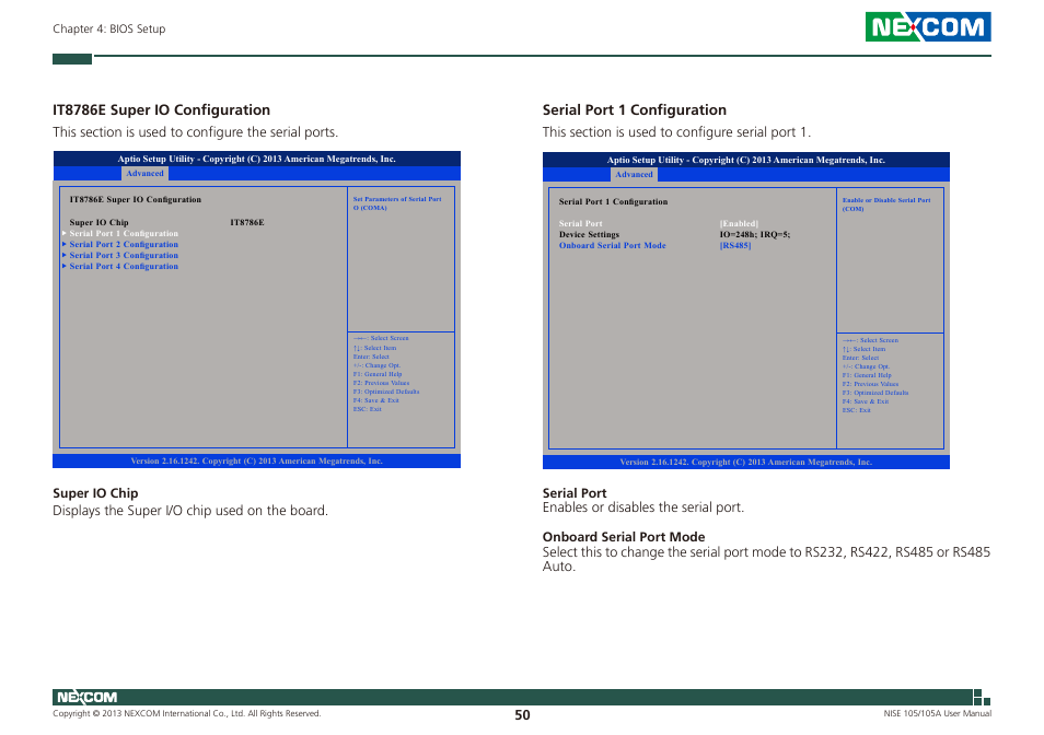 It8786e super io configuration, Serial port 1 configuration | NEXCOM NISE 105 User Manual | Page 63 / 78