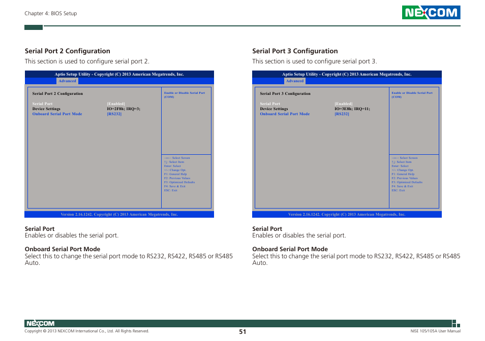 Serial port 2 configuration, Serial port 3 configuration | NEXCOM NISE 105 User Manual | Page 64 / 78
