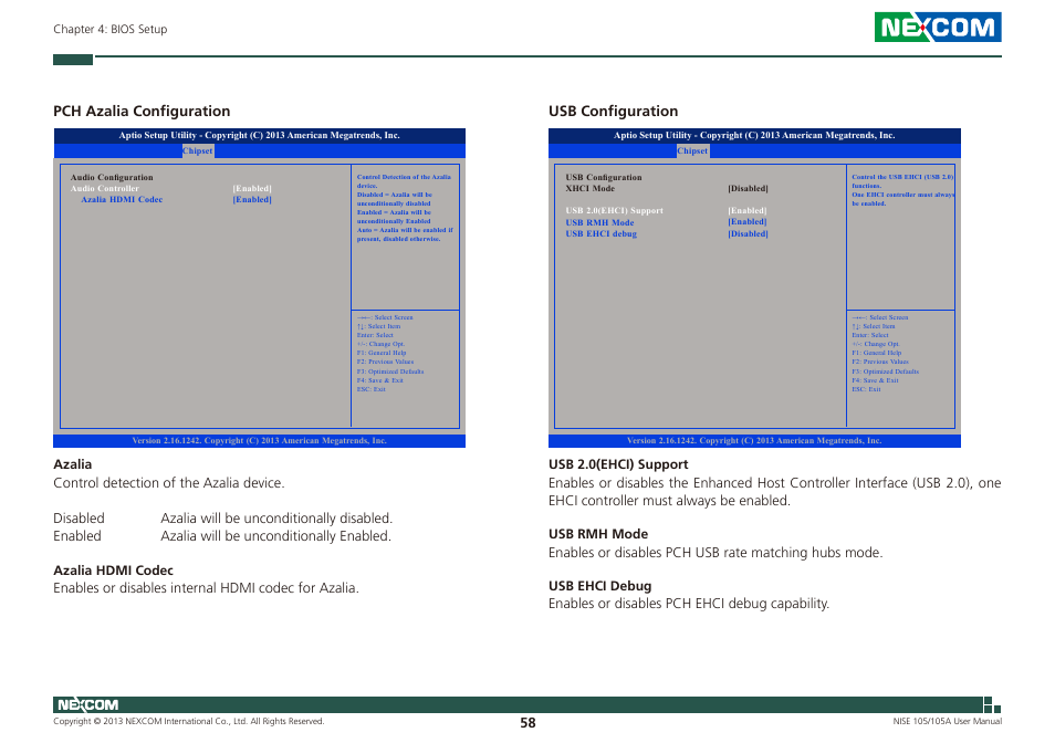 Usb configuration, Pch azalia configuration | NEXCOM NISE 105 User Manual | Page 71 / 78